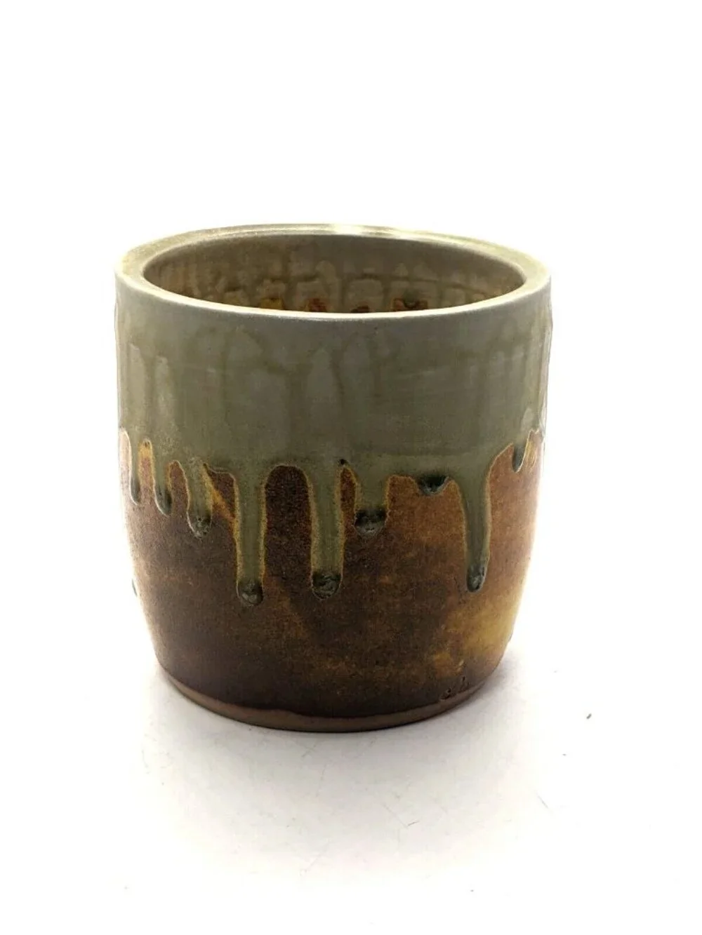 Studio Pottery Pot Vase Planter Yellow Green Drip Glaze Handmade Signed 4.5